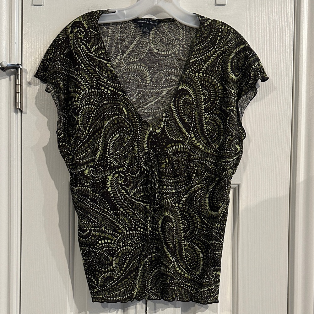 Y2K Banana Republic Brown Green Swirl Babydoll Blouse Retro 2000s Indie Boho